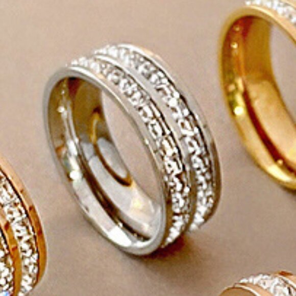 Titanium Steel Double Row Rhinestone Ring - Picture 2 of 3